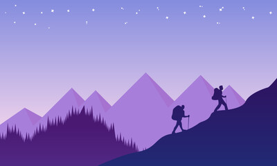 mountain landscapes in a flat style with silhouette hiker. Natural wallpapers. Sunrise, misty terrain with slopes, Clear sky vector illustration