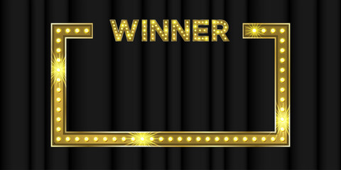 Winner frame for quiz night game award banner. Neon win in contest question 3d vector illustration. Giveaway challenge gold text notification design with bulb light. Web test label for give away