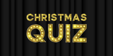 Christmas quiz neon trivia vector background. Xmas eve contest party in pub pop bright 3d font text. Broadway golden game typeface illustration. Knowledge night competition show glow banner.