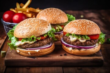 Three homemade burgers with gleaming cheese to eat Garnish with potato chips, tomatoes, lettuce. Burger meat sprinkled with white sesame seeds is placed on a cut wooden board and dark old wooden floor