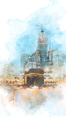 watercolor painting of Kabah, mecca.