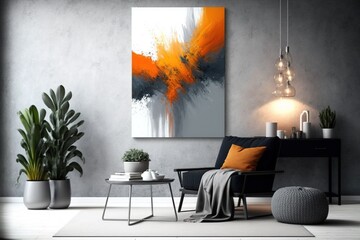 Modern interior design of the living room with orange sofa and wall frame artwork 3D rendering