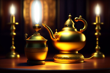 Gold genie lamp or Vintage lamp of Aladdin. Generative Ai