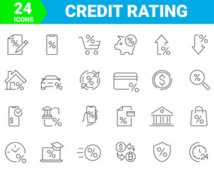 set of 24 vector line icons credit rating. Contains such Icons as Courier on like Interest Rate, Investment Plan, Interest Chart and more. Editable stroke