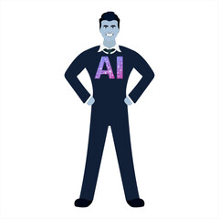 Artificial intelligence in the form of an energetic, happy male robot. Logo, ai icon on a man's chest. Dressed in a suit in blue colors on a white background. vector illustration. future, technology