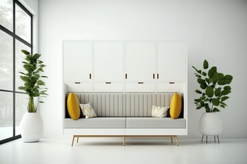 Interior of modern living room with grey sofa and house plant