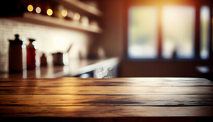 Rustic Farmhouse Kitchen - Empty Wooden Table with Out-of-Focus Lights Bokeh (Generative AI)