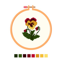 Tambour floral embroidery. Cross stitch pansies. Cartoon flat style. Vector illustration
