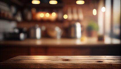 Rustic Farmhouse Kitchen - Empty Wooden Table with Out-of-Focus Lights Bokeh (Generative AI)