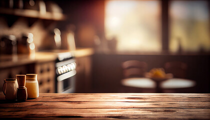 Fototapeta na wymiar Rustic Farmhouse Kitchen - Empty Wooden Table with Out-of-Focus Lights Bokeh (Generative AI)