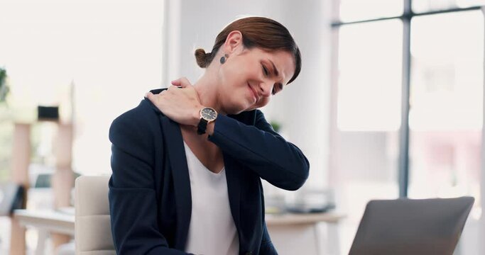 Business woman, laptop and neck pain in stress, burnout or sore muscle overworked at office. Frustrated and stressed female employee suffering from tension or ache working on computer at workplace