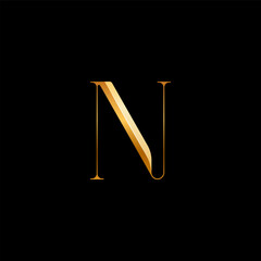 3d Latin letter N serif alphabet, beautiful elegant golden font classic perfect for logotypes, wedding invitations, or fashion or perfume design, vector illustration 10EPS