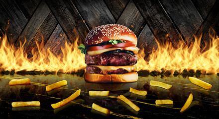 Burger and fries on a black and gold marble top with grilling flames and diagonal wooden tiles background