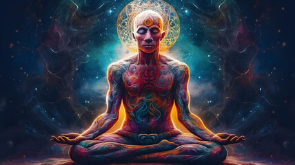 Cosmic Enlightenment: Intricate Psytrance Art of a Man in Lotus Position Tripping on DMT in Alex Grey Style. - obrazy, fototapety, plakaty