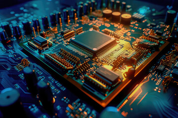 Obraz premium Close-up of an electrical printed circuit board. Multicore, gold and blue, super powerful. Generative AI