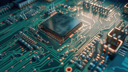 Obraz premium Close-up of an electrical printed circuit board. Multicore, gold and blue, super powerful. Generative AI