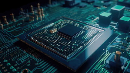 Fototapeta premium Close-up of an electrical printed circuit board. Multicore, gold and blue, super powerful. Generative AI