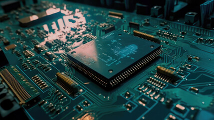 Fototapeta premium Close-up of an electrical printed circuit board. Multicore, gold and blue, super powerful. Generative AI