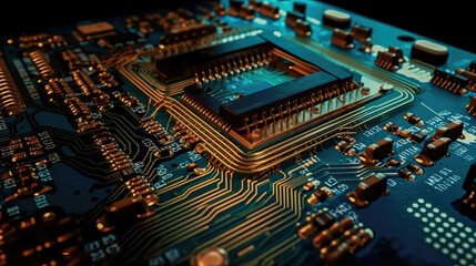 Obraz premium Close-up of an electrical printed circuit board. Multicore, gold and blue, super powerful. Generative AI