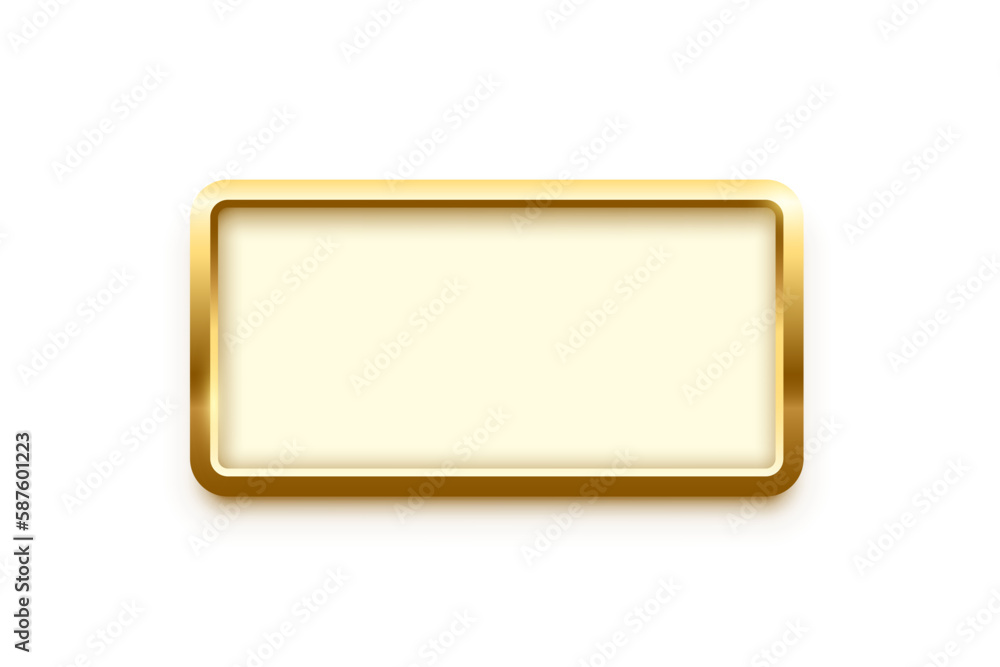 Poster 3d plate button of rectangle shape with golden frame vector illustration. realistic isolated website