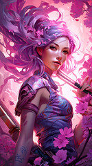 Gorgeous Pink Ninja Woman. Generative AI, non-existent person.	