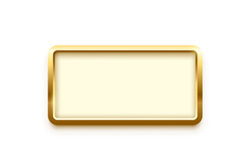 3d plate button of rectangle shape with golden frame vector illustration. Realistic isolated website element, golden glossy label for game UI, badge of navigation menu with light effect on border
