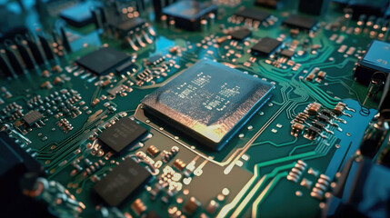 Fototapeta premium Close-up of an electrical printed circuit board. Multicore, gold and blue, super powerful. Generative AI