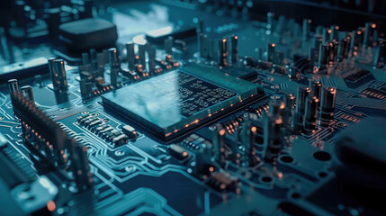 Close-up of an electrical printed circuit board. Multicore, gold and blue, super powerful. Generative AI