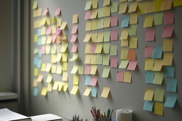 Office Wall Covered in Post-it Notes, created with generative AI tools