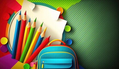 Fototapeta premium Back to school with school items and elements, Online Learning, study from home, back to school, flat design.