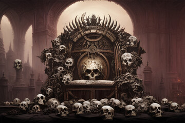 A throne of skulls awaits the one who will bring glory to the land where humans are prey and their skulls are prized possession. Skulls of the dead decorates the seat of an evil lord. Generative AI.