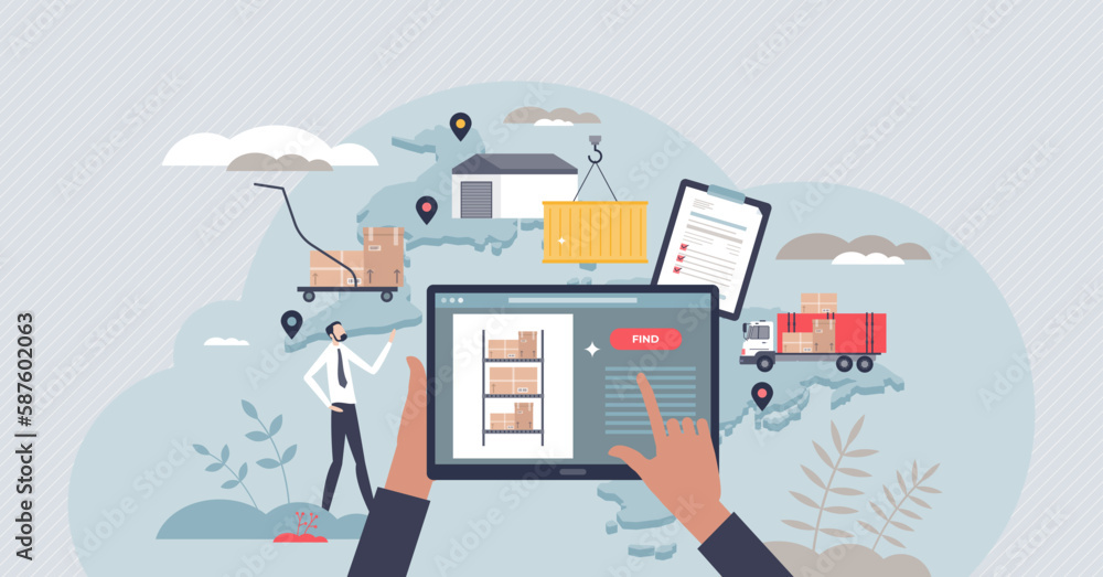 Poster inventory management with modern warehouse software tiny person concept. digital app for stock analy