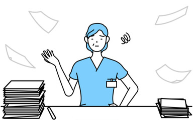 片付かない業務にうんざりする中年・シニア女性看護師、理学療法士、作業療法士、言語聴覚士、看護助手