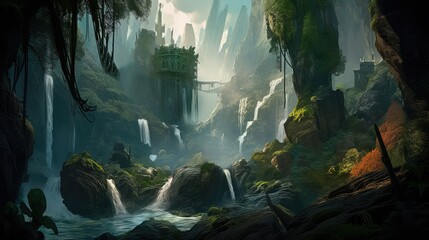 A fantastic scene with wild waterfalls in a dense jungle. A mysterious world where the atmosphere of adventure and wild nature reigns. Generative AI