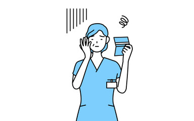 預金通帳を見て落ち込む中年・シニア女性看護師、理学療法士、作業療法士、言語聴覚士、看護助手