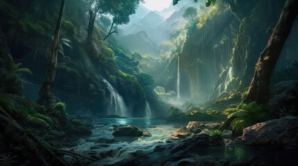 Naklejka na ściany i meble A fantastic scene with wild waterfalls in a dense jungle. A mysterious world where the atmosphere of adventure and wild nature reigns. Generative AI