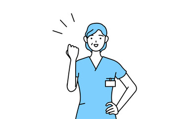 ガッツポーズをする中年・シニア女性看護師、理学療法士、作業療法士、言語聴覚士、看護助手