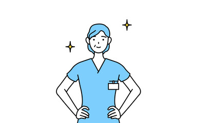 両手を腰に当てた中年・シニア女性看護師、理学療法士、作業療法士、言語聴覚士、看護助手