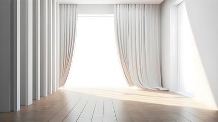 Empty modern minimal room with floor to ceiling white curtains