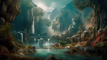 Fototapeta na wymiar A fantastic scene with wild waterfalls in a dense jungle. A mysterious world where the atmosphere of adventure and wild nature reigns. Generative AI