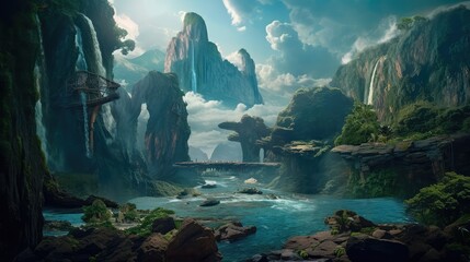 A fantastic scene with wild waterfalls in a dense jungle. A mysterious world where the atmosphere of adventure and wild nature reigns. Generative AI
