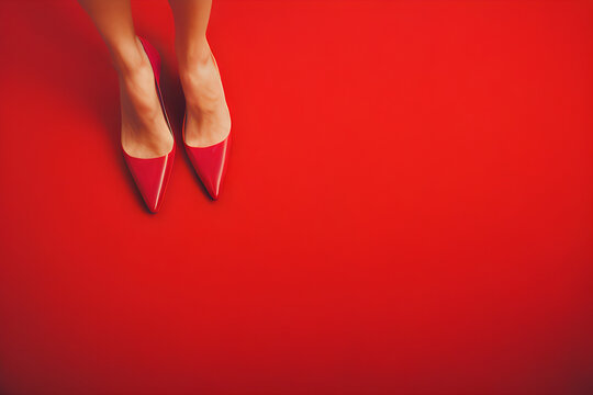 An elegantly dressed woman, celebrity actress at a red carpet event stands with red high heels posing for pictures. A lady wearing red stiletto stands on a red carpet. Closeup top view generative ai.