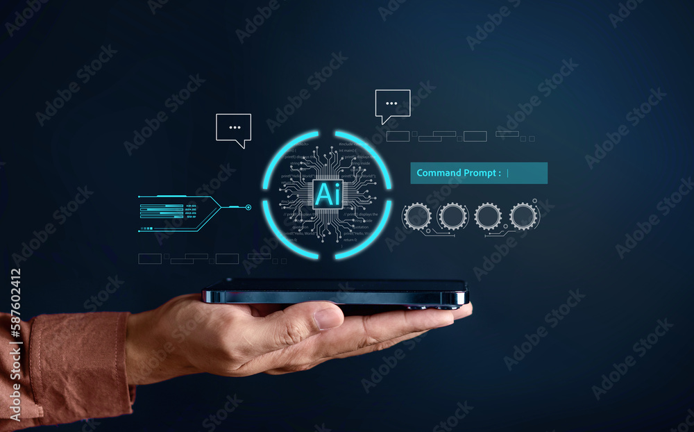Leinwandbilder Ai Technology System. Businessman using chat bot intelligence Ai. Chat with AI Artificial Intelligence, developed by OpenAI generate. Futuristic technology, robot in online system.
