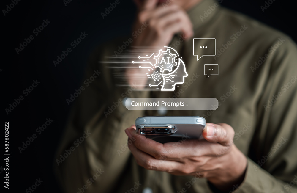 Poster Ai Technology System. Businessman using chat bot intelligence Ai. Chat with AI Artificial Intelligence, developed by OpenAI generate. Futuristic technology, robot in online system.