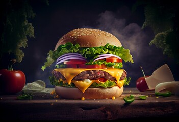 Un gros hamburger avec du fromage et des légumes. Idéal comme promotion de produits alimentaires. Generative AI - obrazy, fototapety, plakaty