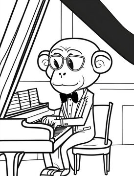 Monkey Wearing A Bow Tie And Playing The Piano. Coloring Page, 2D, Simple, For Preschoolers, For Coloring Book