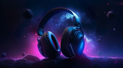 Illustration of Gamer Headphones on a colorful and fantastic background, generated with artificial intelligence.