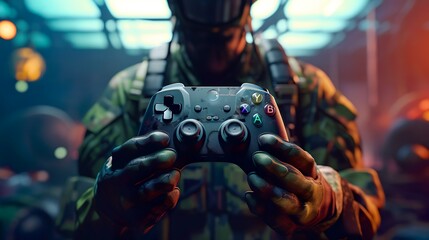 Illustration of a video game controller being held by a virtual soldier, handing over control to the player. Generated with artificial intelligence - obrazy, fototapety, plakaty