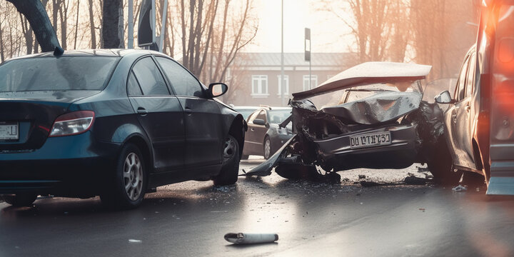 Accident of two cars in early spring morning, concept of Crash and Season, created with Generative AI technology