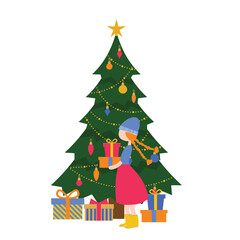 christmas tree with gifts, cute girl drawing, vector graphic design for t-shirt, anime